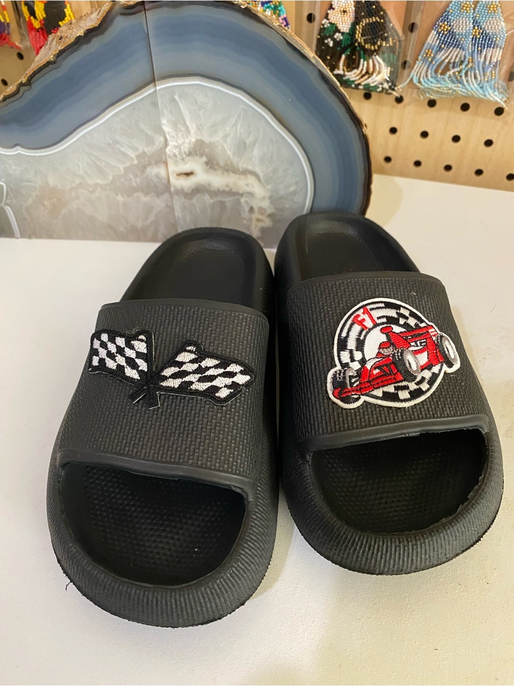 Source Unknown Black Kids Racing Slide Sandals with Red Race Car Patch